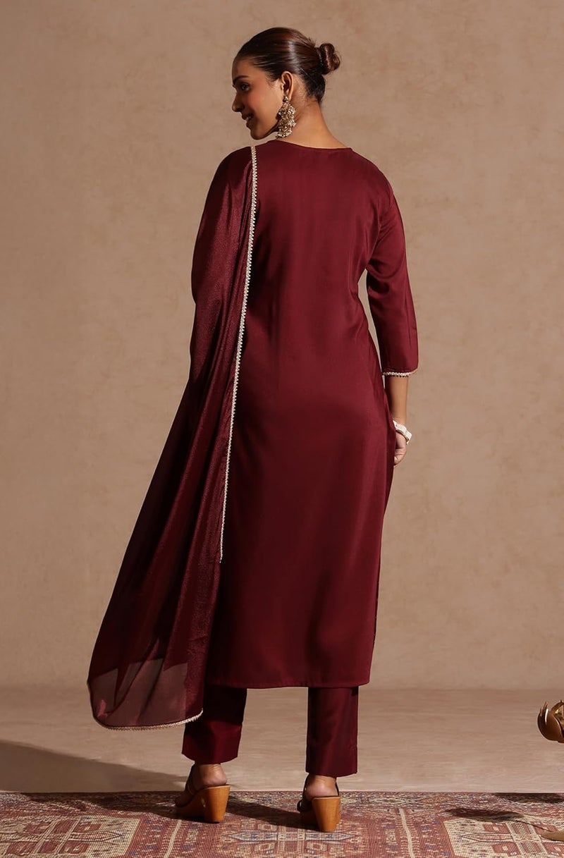 Janasya Women Kurta Pant With Dupatta Set in Maroon - Image 4